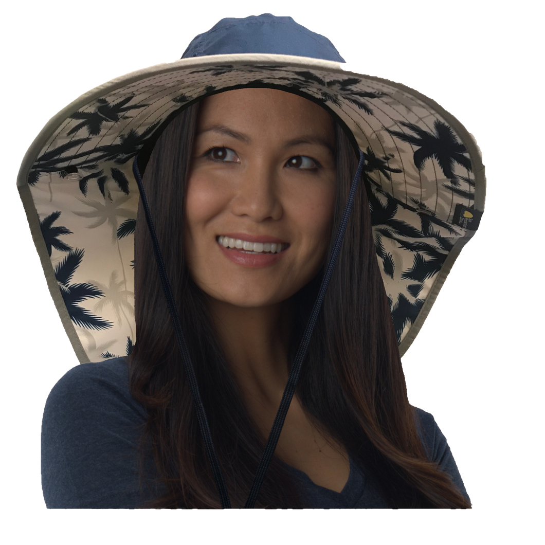 Adult Floppy Hat - Palm Print Navy with Silver Trim