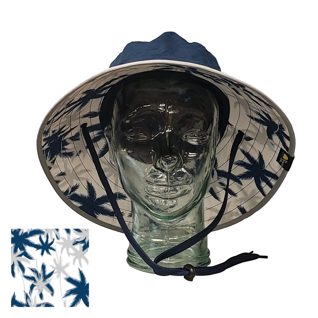 Adult Booney Hat - Palm Print Navy with Silver Trim