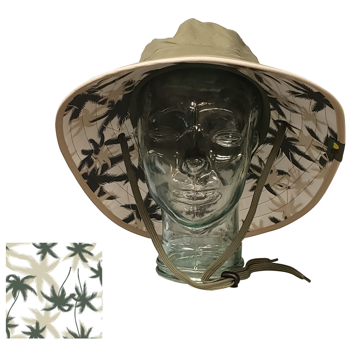 Adult Booney Hat Palm Print Olive with Khaki Trim Sun Protection Zone