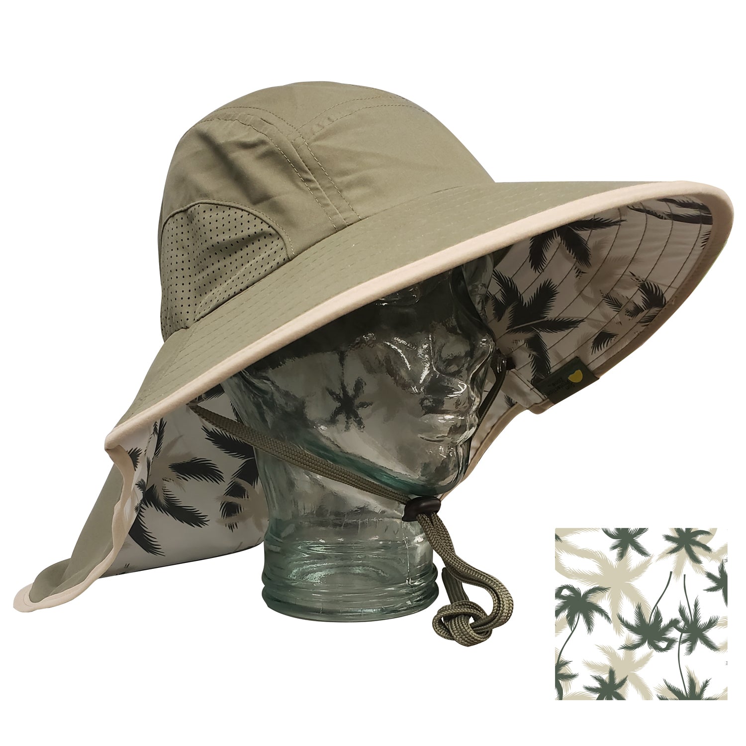 Adult Floppy Hat - Palm Print Olive with Khaki Trim – Sun